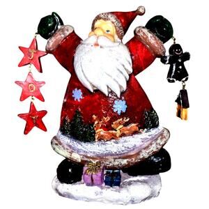 Cute 8" Rejoicing Santa Holding JOY Stars in 1 Hand & Ginger Bread in the Other